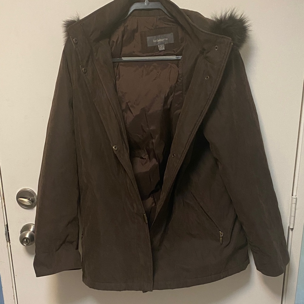 Liz Claiborne Dark Brown Hooded Puffer Jacket with Faux Fur Trim